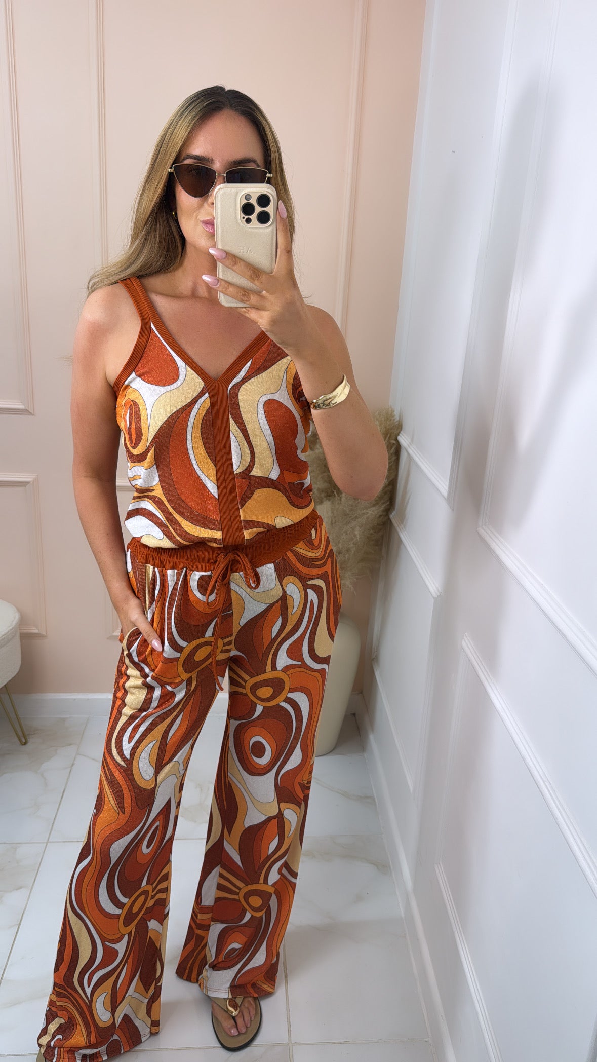 MERCI orange swirl print shimmer trouser set
