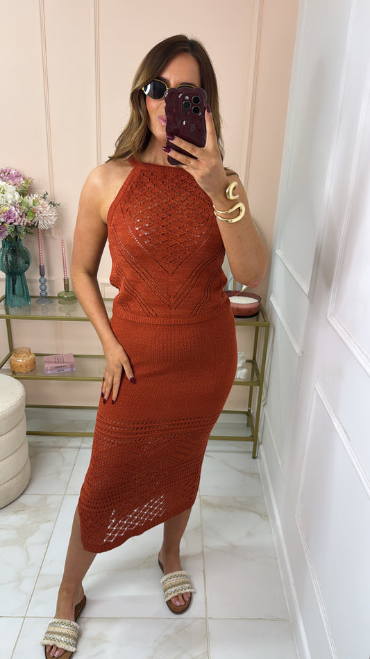 SHAE rust crochet maxi skirt and top co-ord