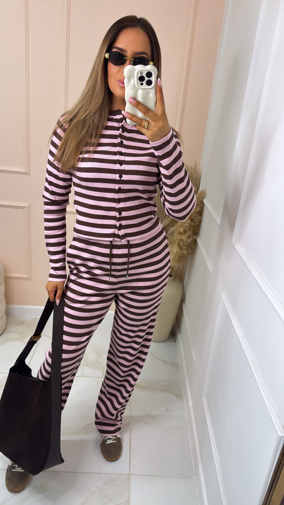 ISLA pink & brown stripe button lounge set