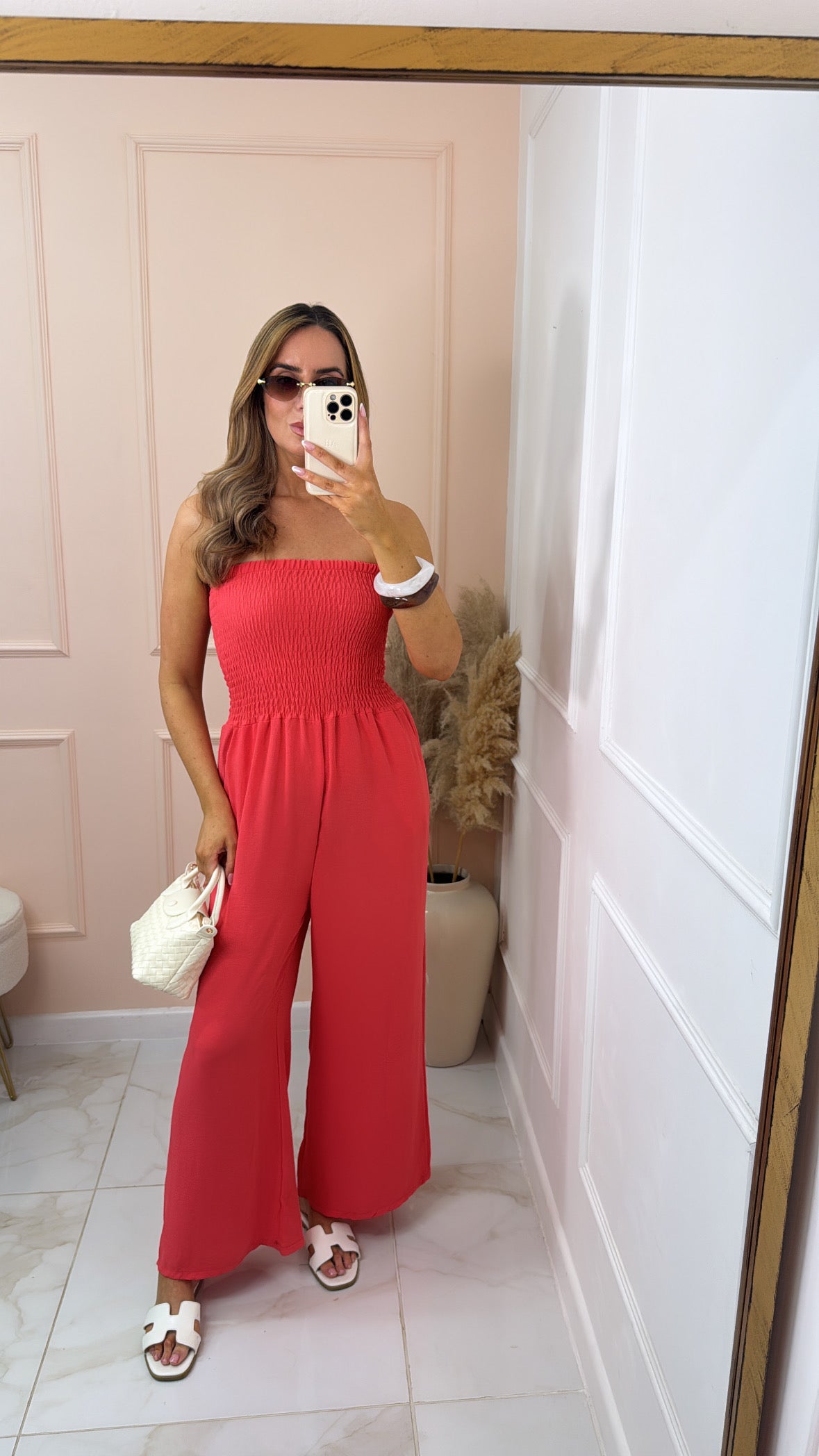 LIBBY coral shirred floaty bandeau jumpsuit