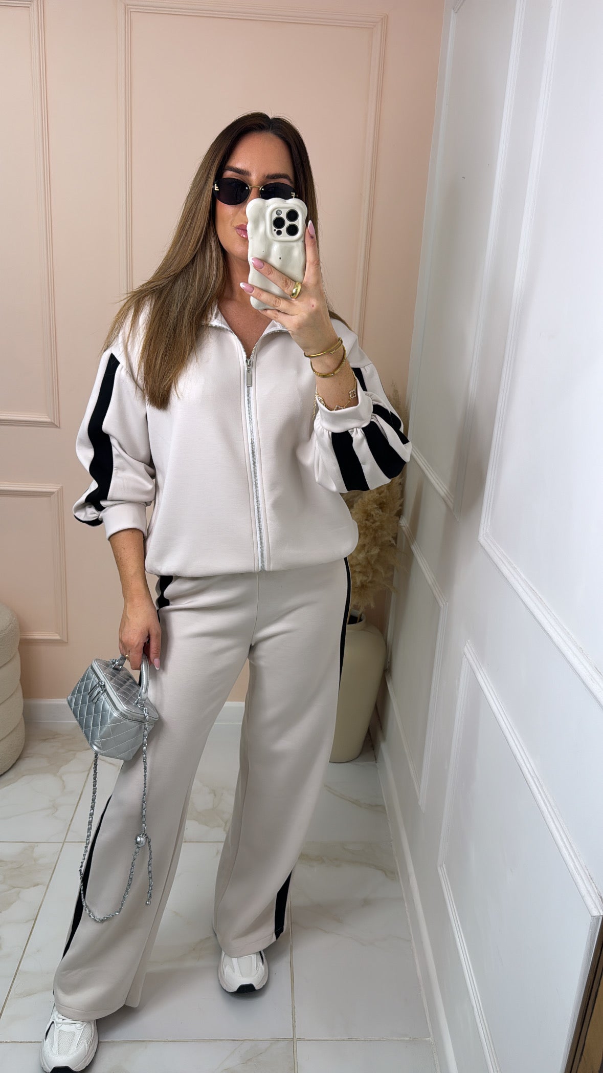 CONNIE stone funnel neck side stripe tracksuit