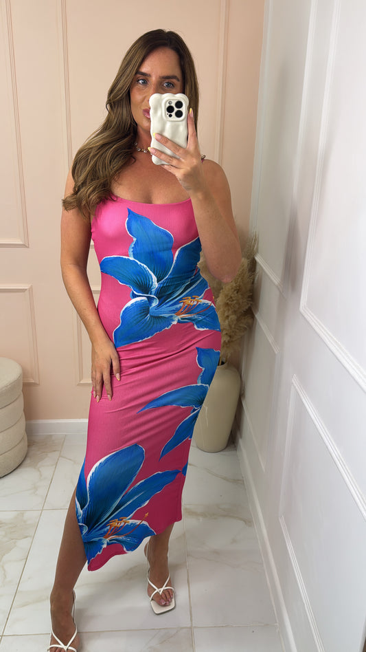 LILY pink strappy floral ribbed midi dress