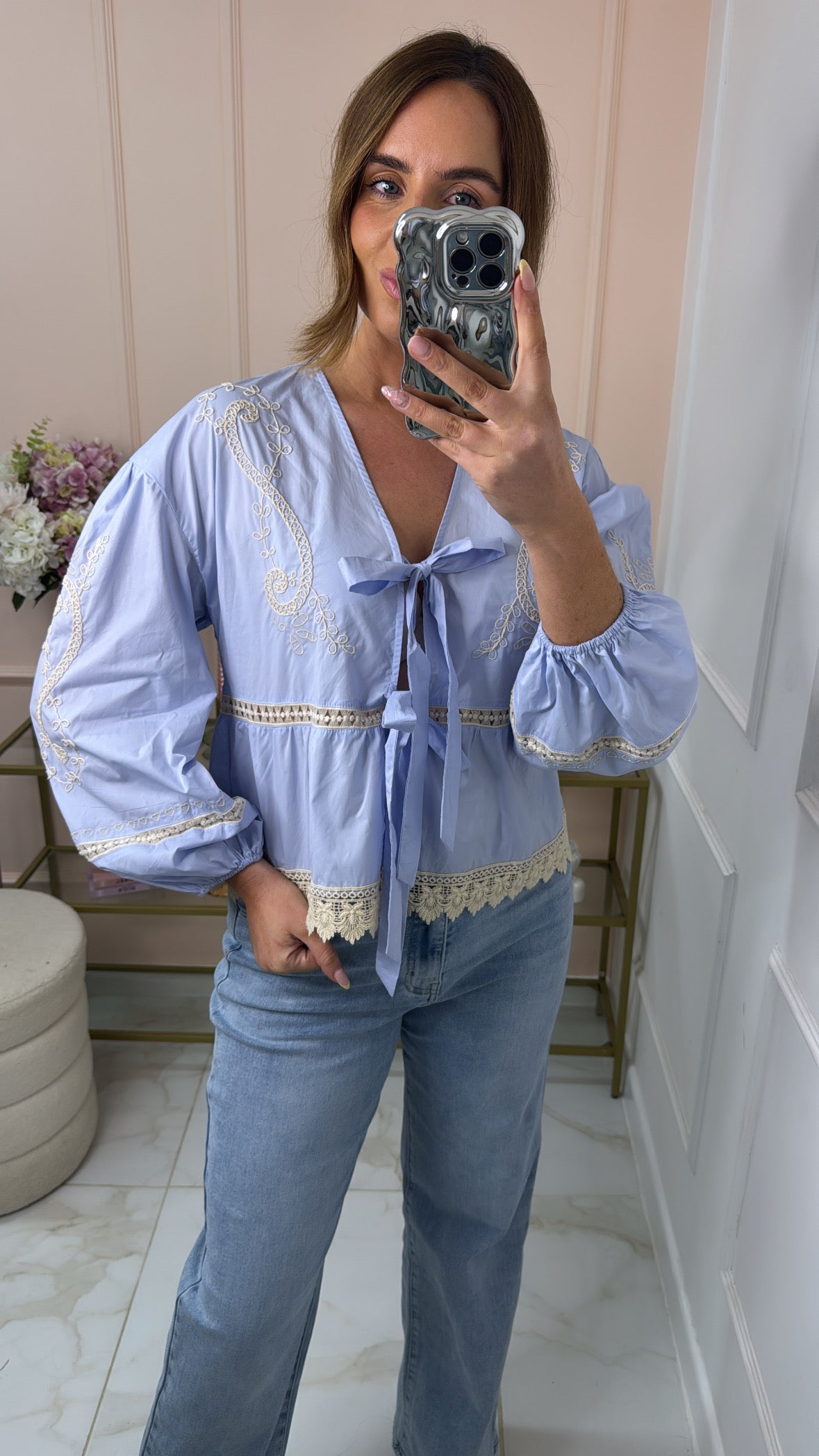 MILLY blue embroidered tie front blouse
