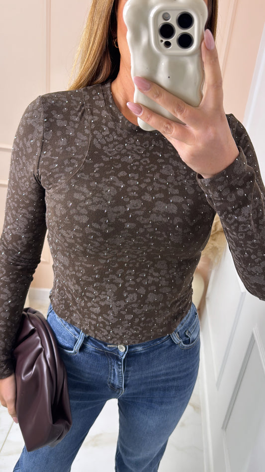 CARMEL brown leopard diamante top