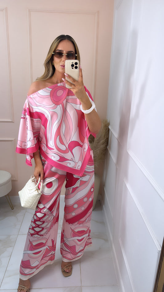 DARCY hot pink swirl satin trouser set