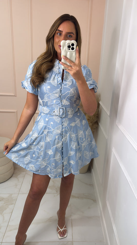 NELLIE blue patterned belted mini dress