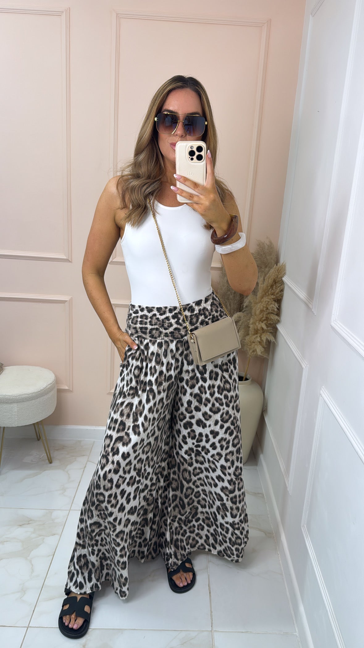SARA leopard print wide leg trousers