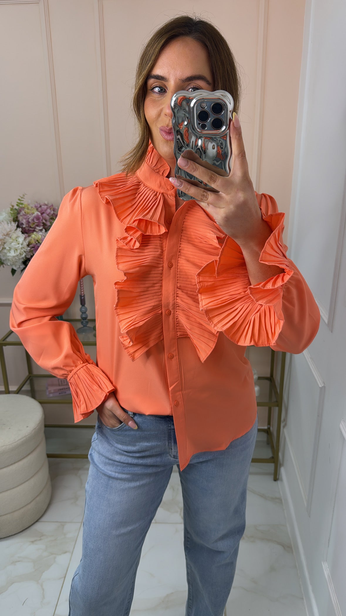 SOPHIE coral frill front shirt