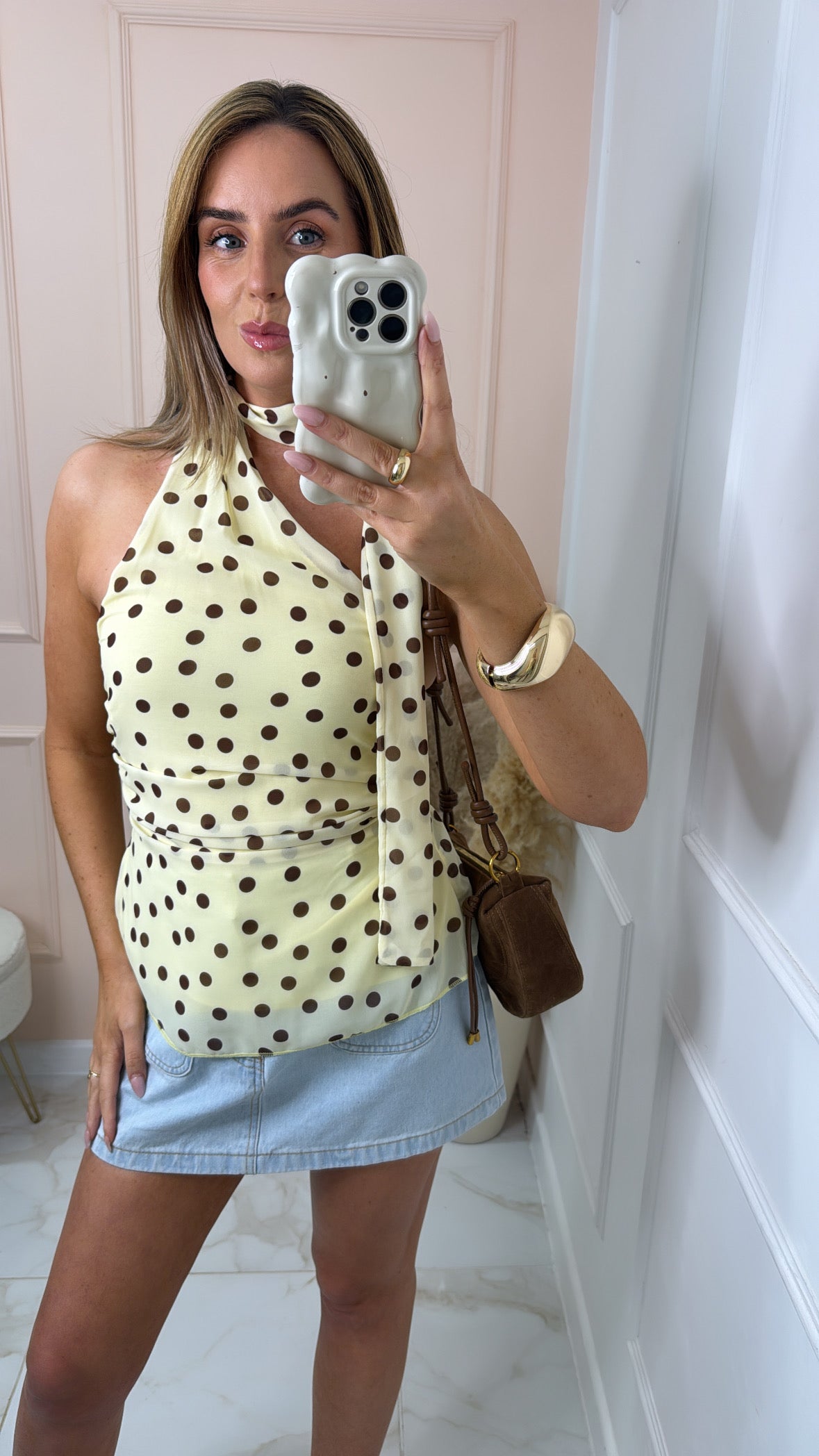 MABEL lemon brown polka dot halter neck top
