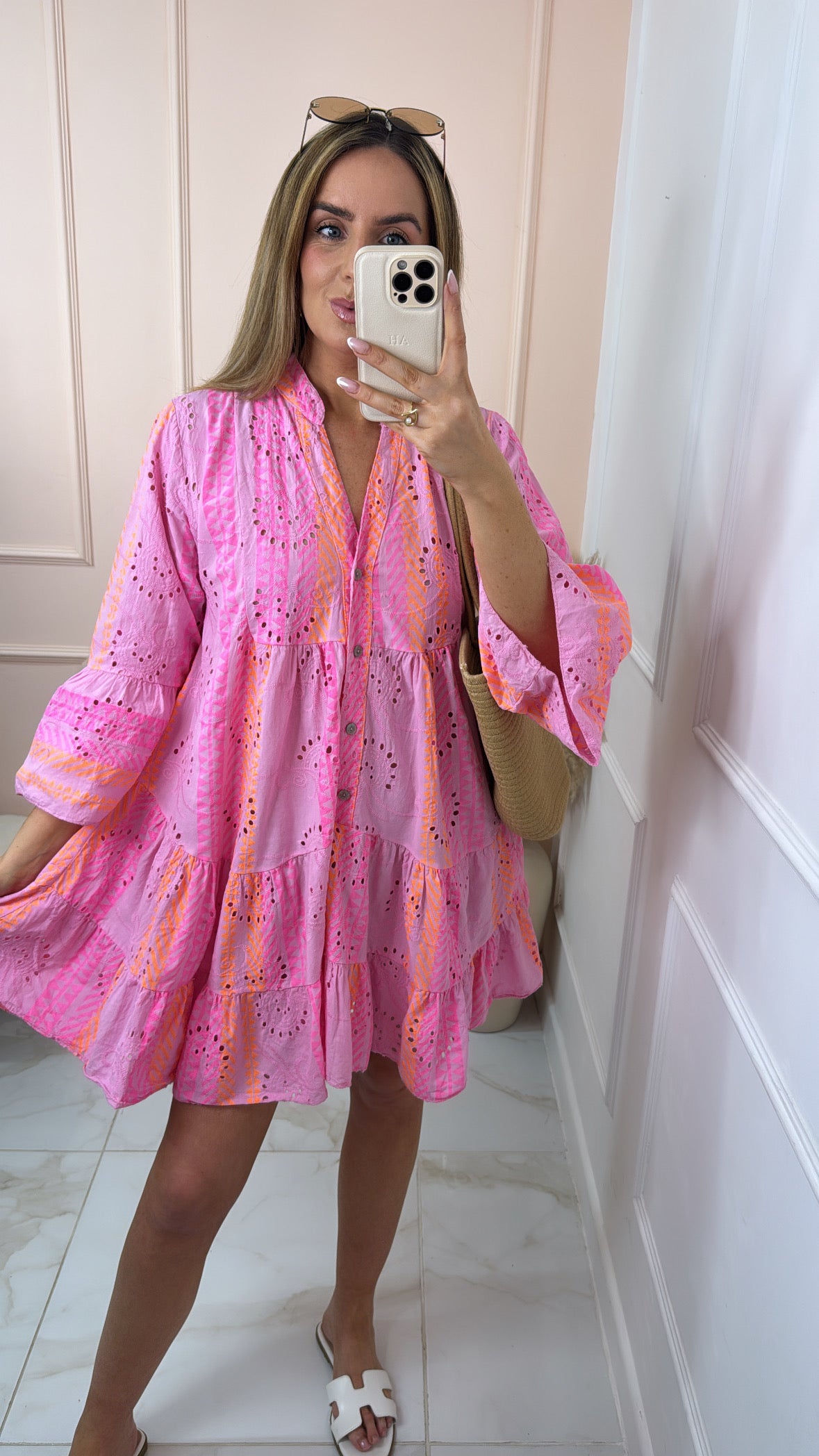 SADIE pink broderie anglaise smock dress