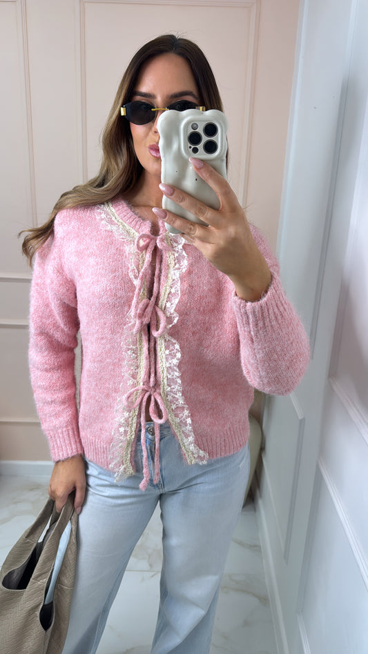 LEELA pink tie front frill cardigan