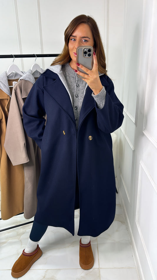 DARCEY navy hooded trench coat