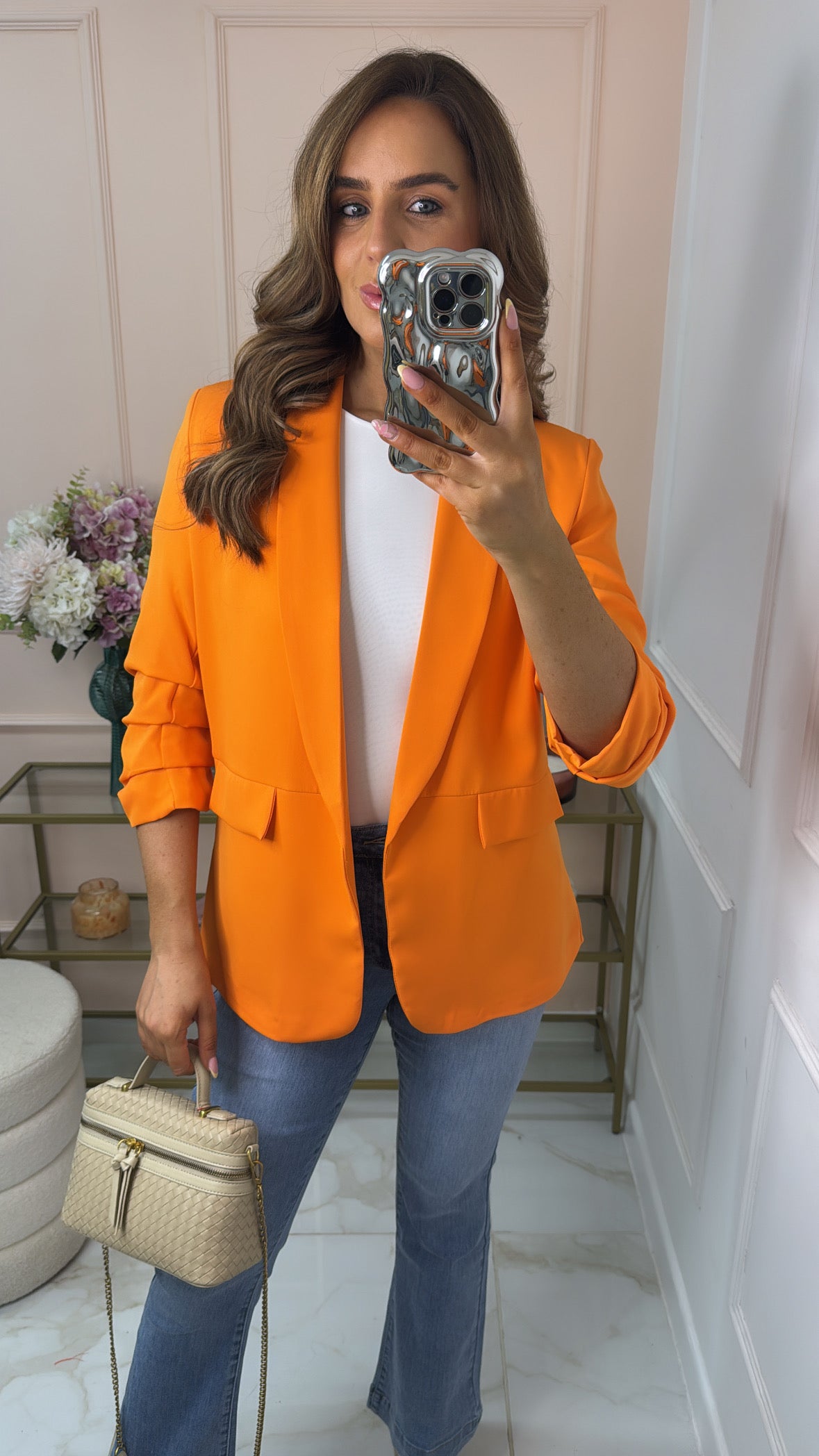 MAISIE orange ruched sleeve blazer