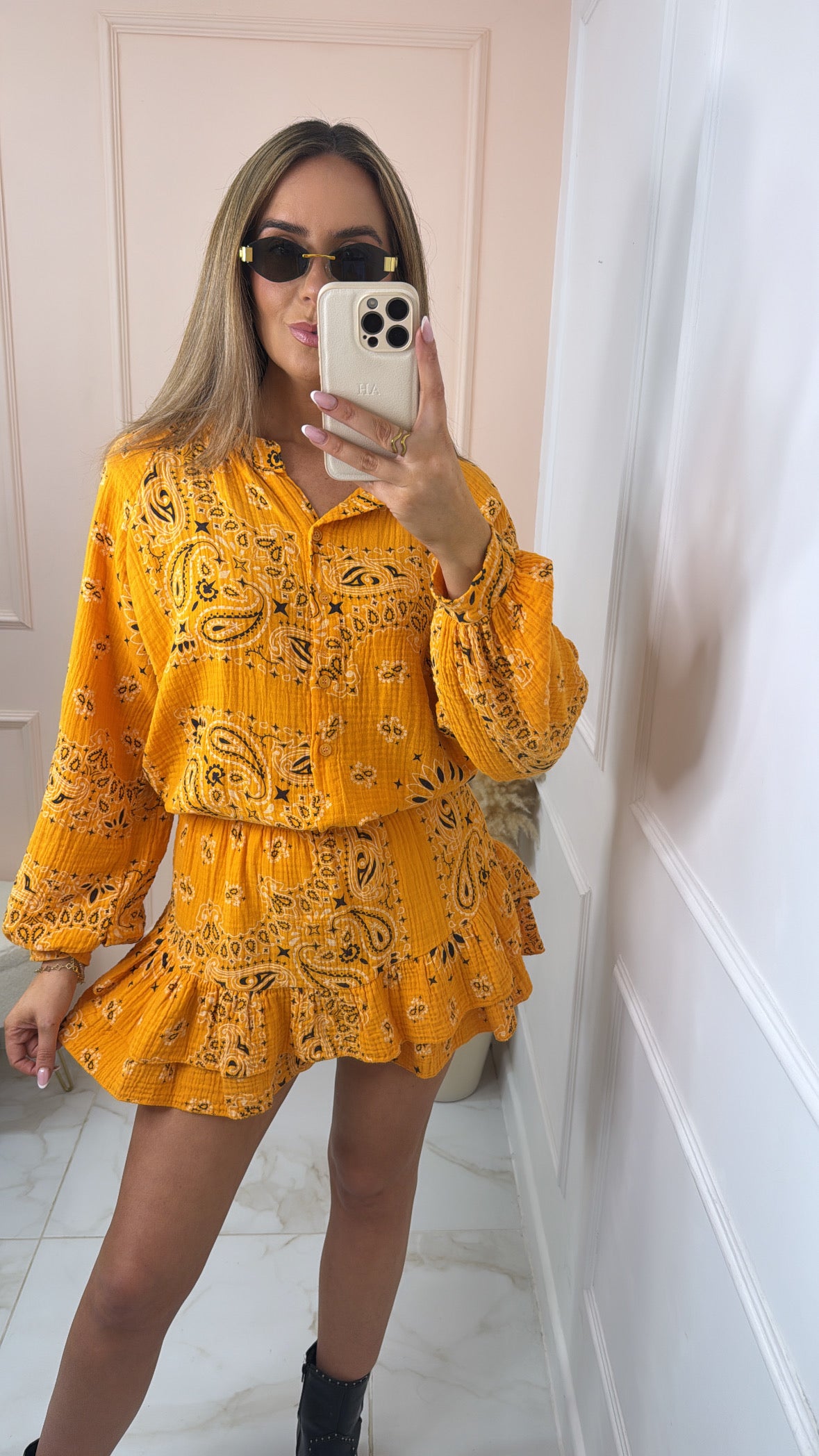 SHAE orange bandana print skort set