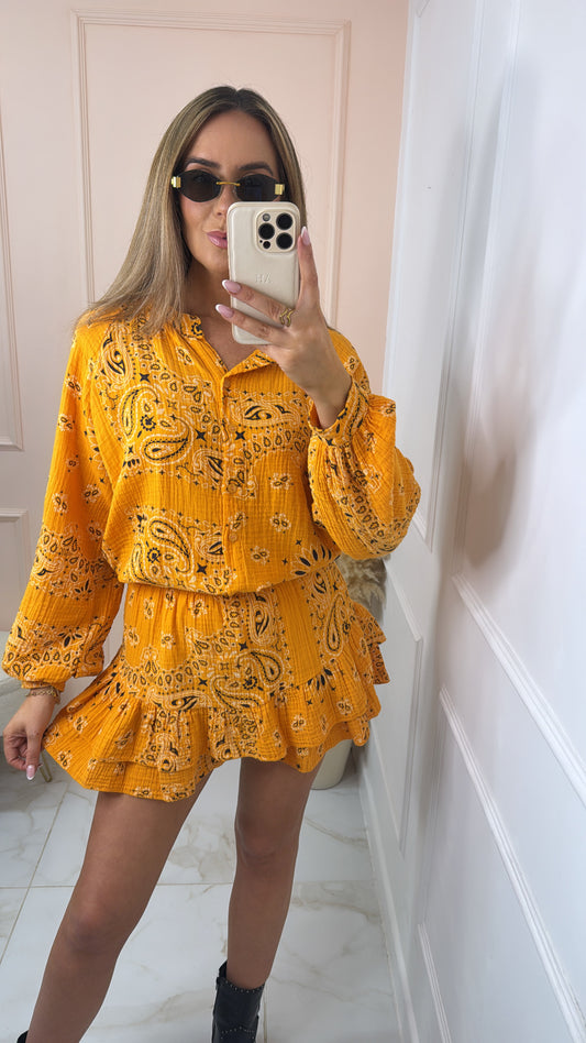 SHAE orange bandana print skort set