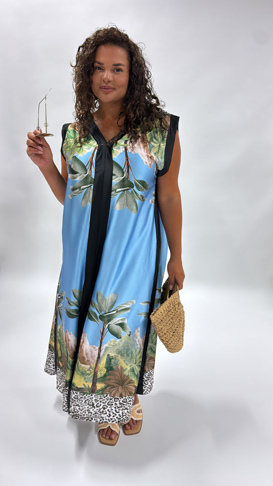 ELLIE blue leaf print satin sleeveless maxi dress