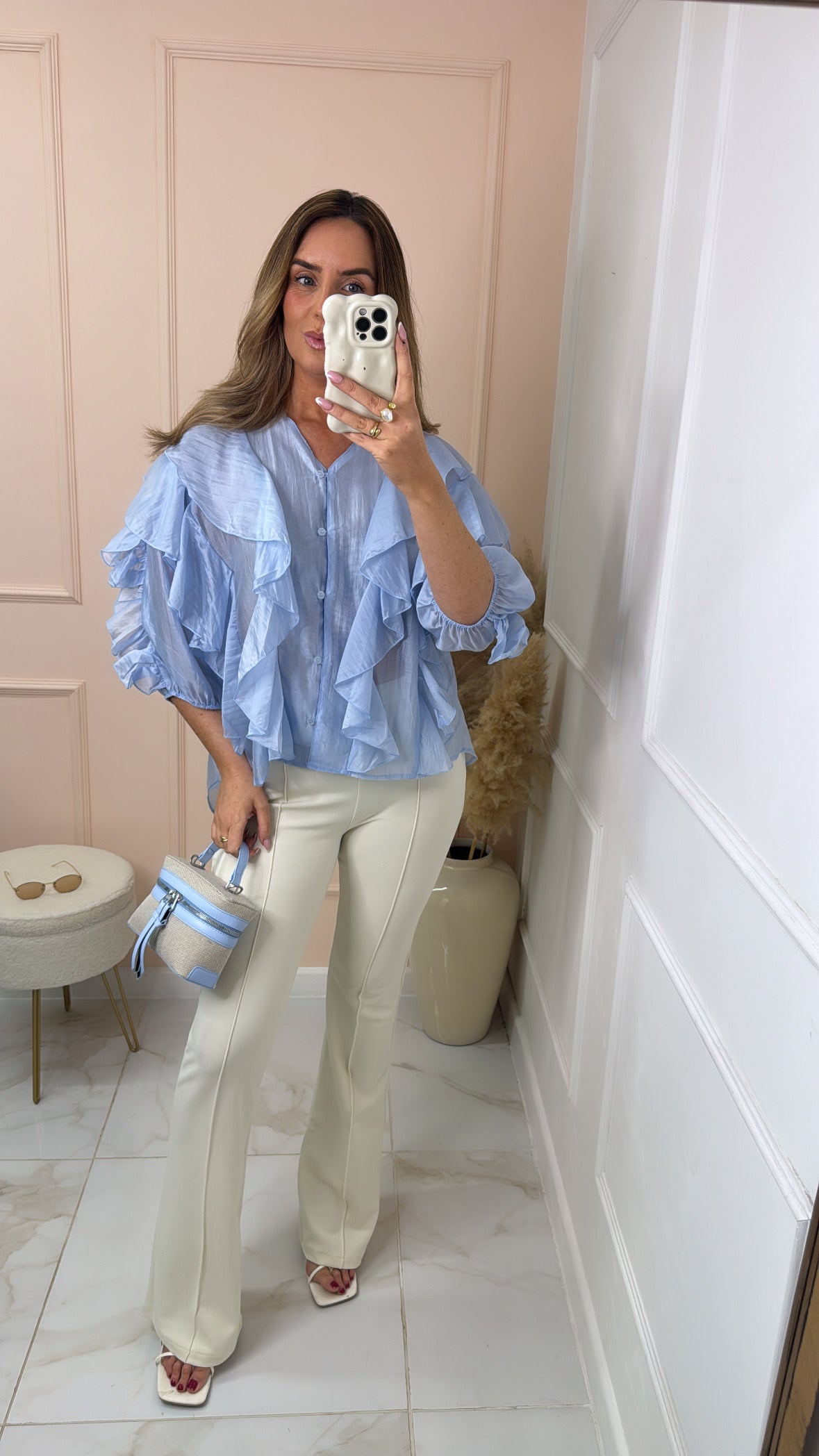 LOLA blue ruffle detail blouse