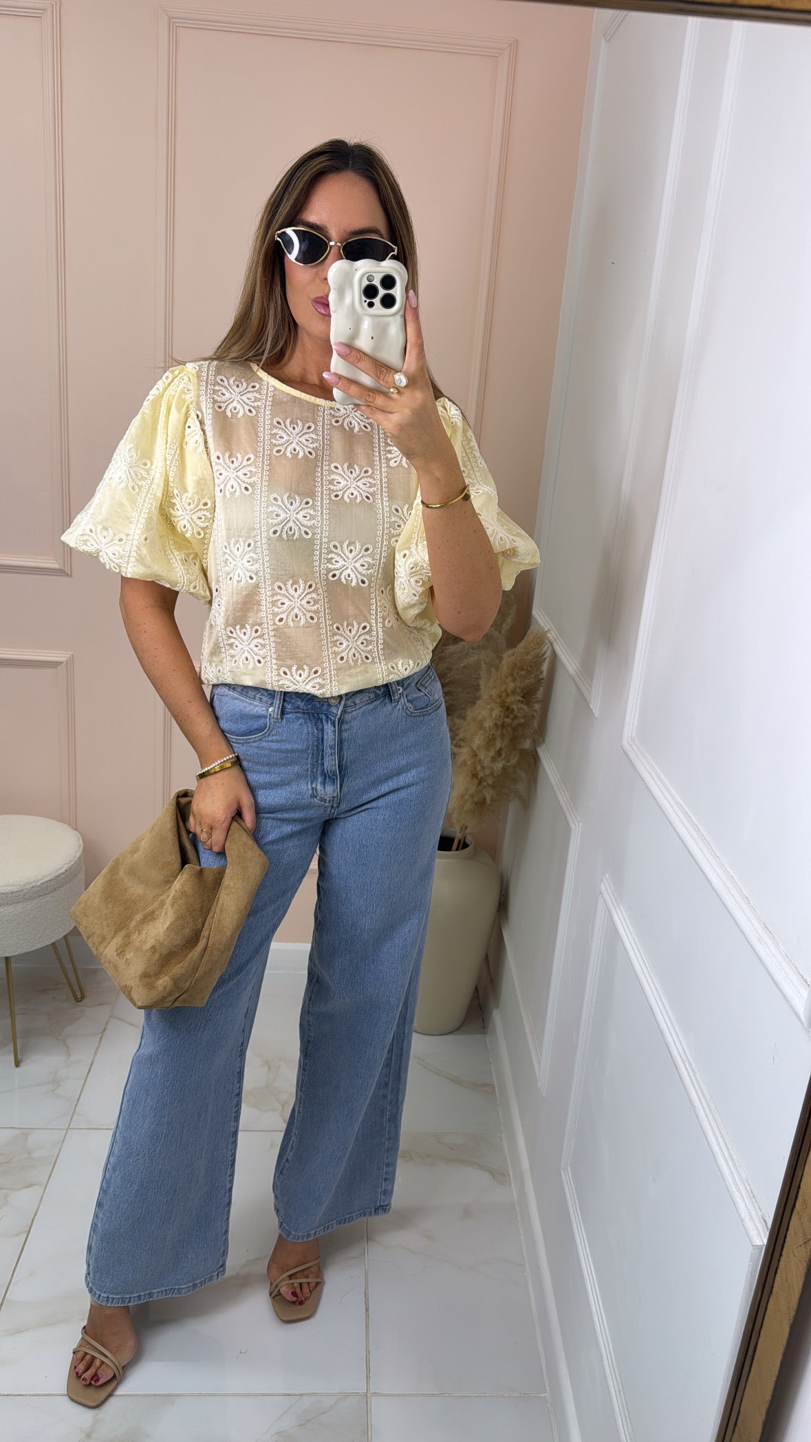 JONIE lemon embroidered puff sleeve top