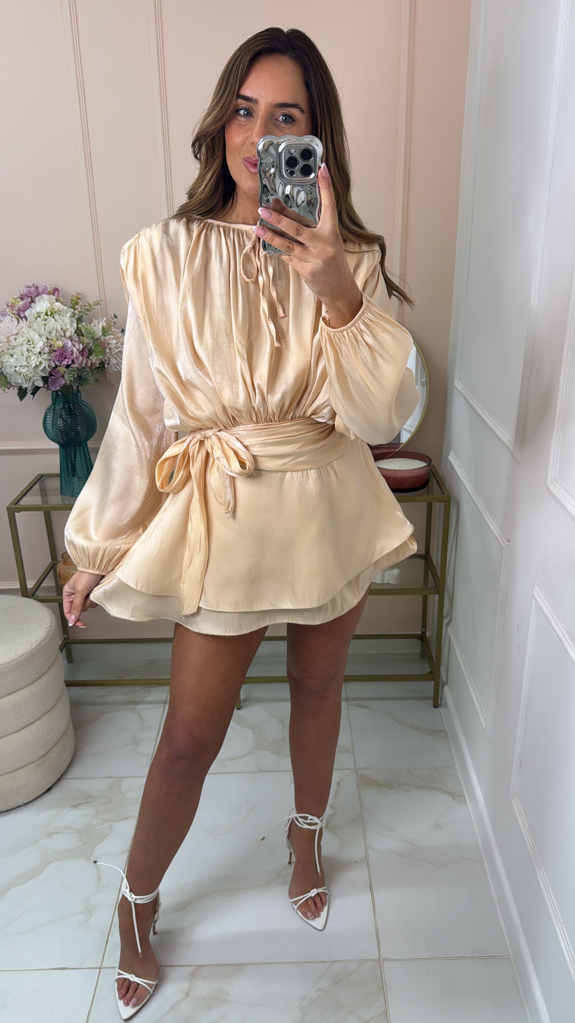 SHARNA peach satin gathered drape dress