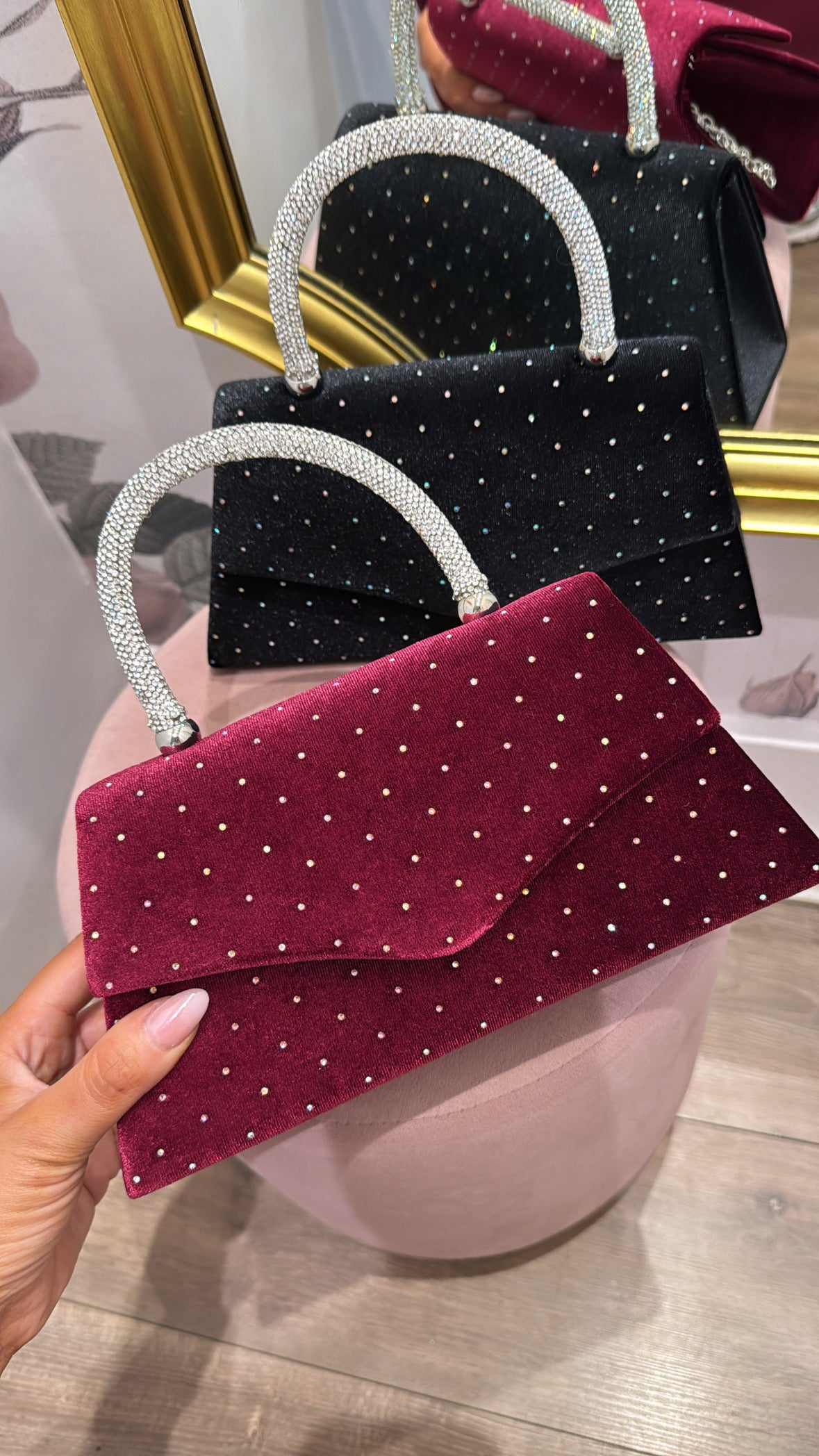 LULU burgundy velvet diamante grab bag