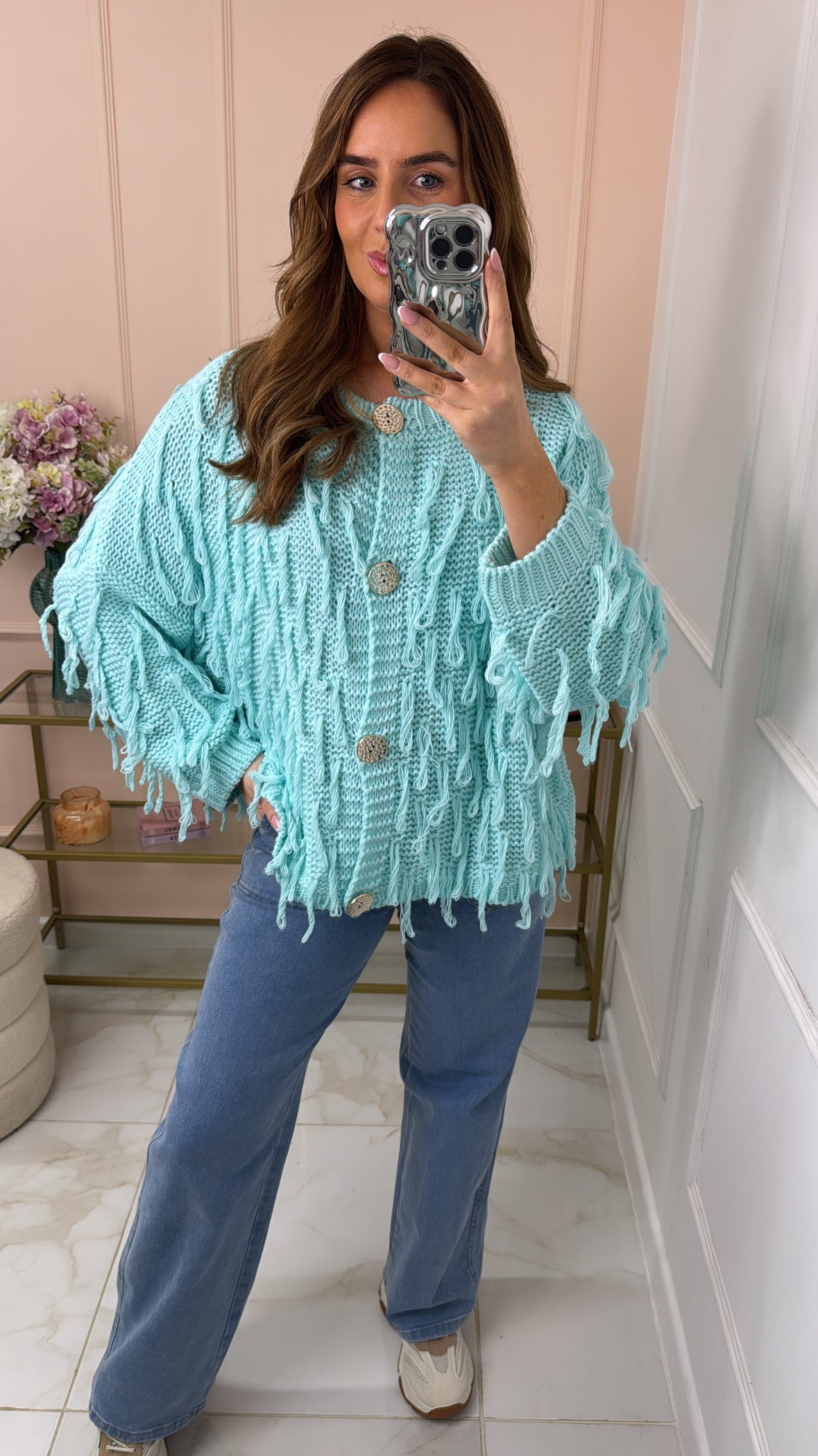 FLORENCE mint shaggy gold button cardigan