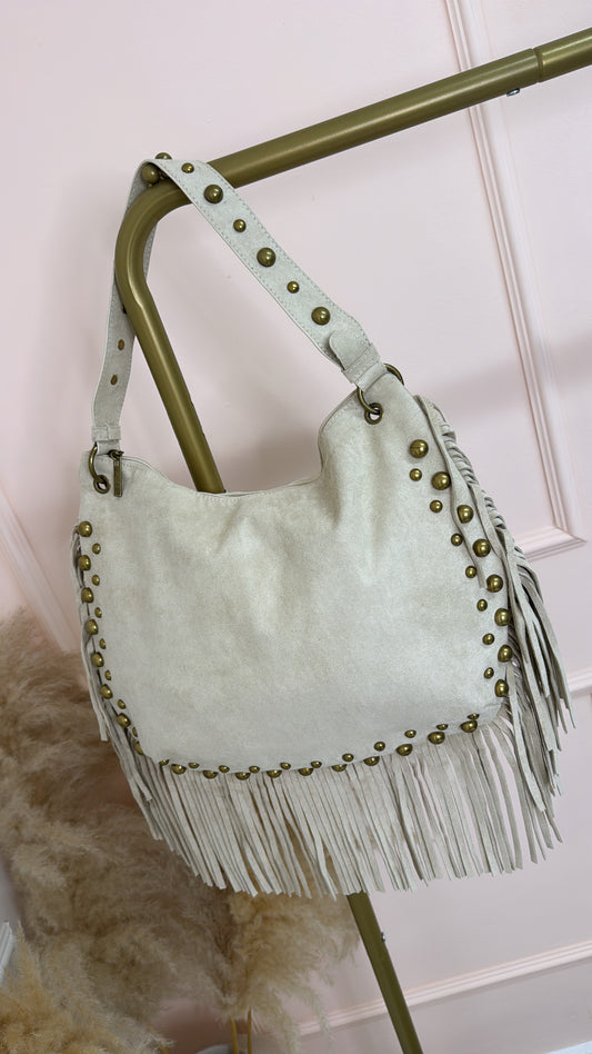 LULU stone studded fringe suede hobo bag