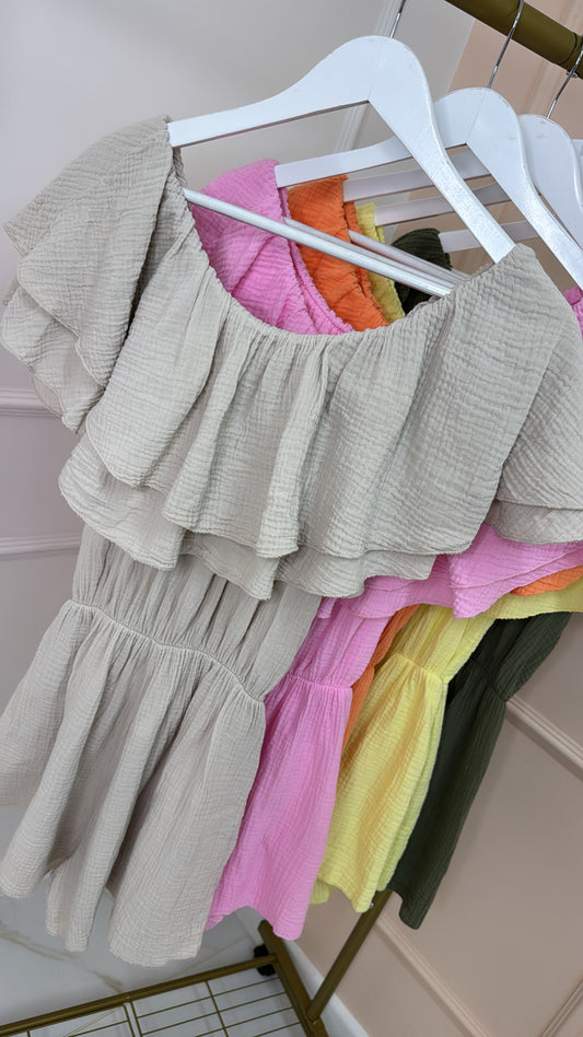 JAYDA stone bardot frill playsuit