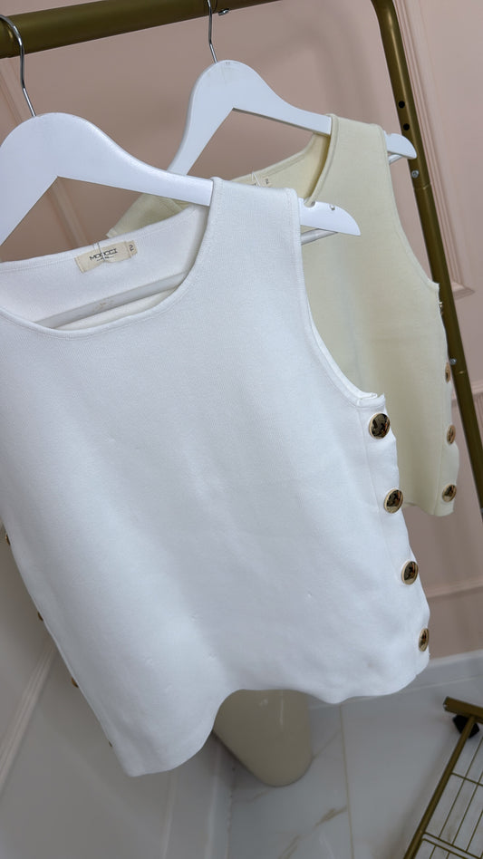 HALLIE white side gold button fine knit waistcoat
