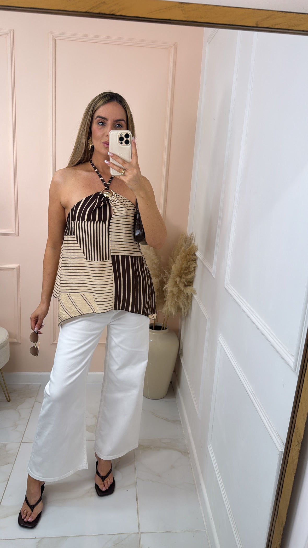 LIBBY brown stripe shell halter neck top