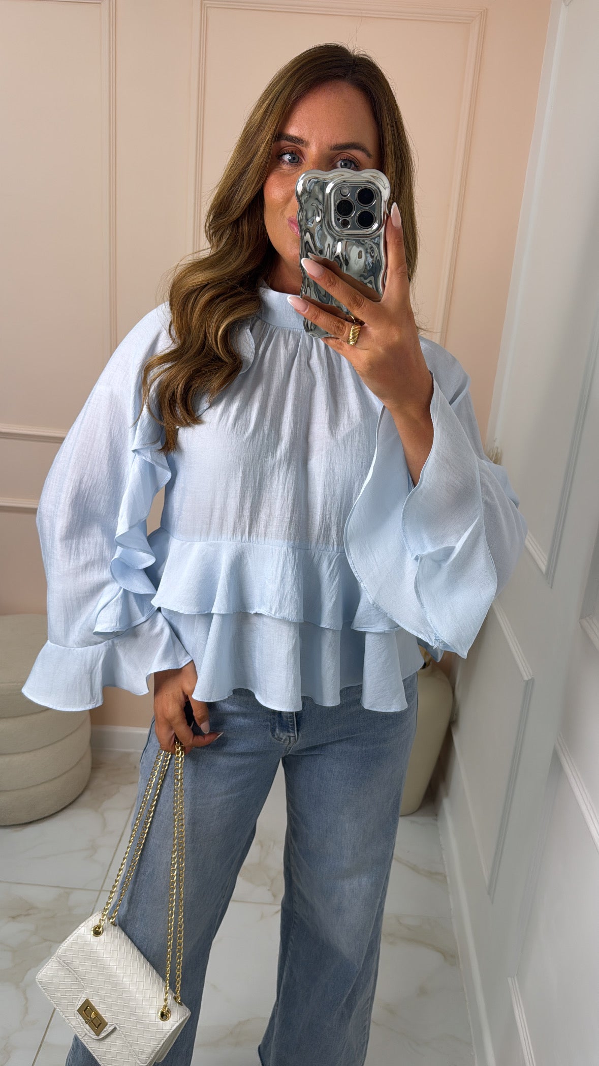 HARPER blue high neck ruffle blouse