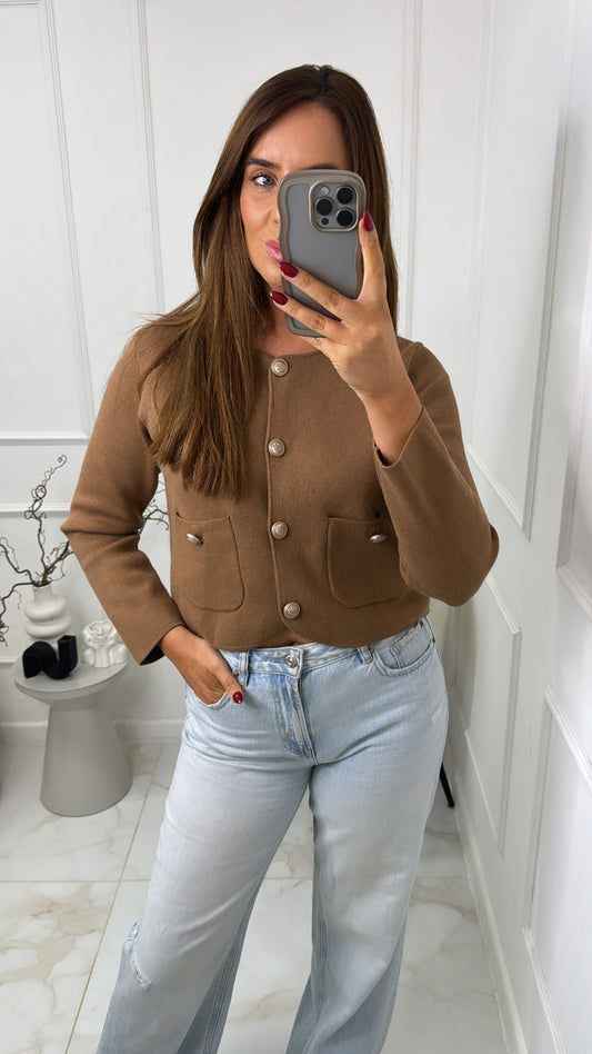 ISLA camel gold button cropped cardigan