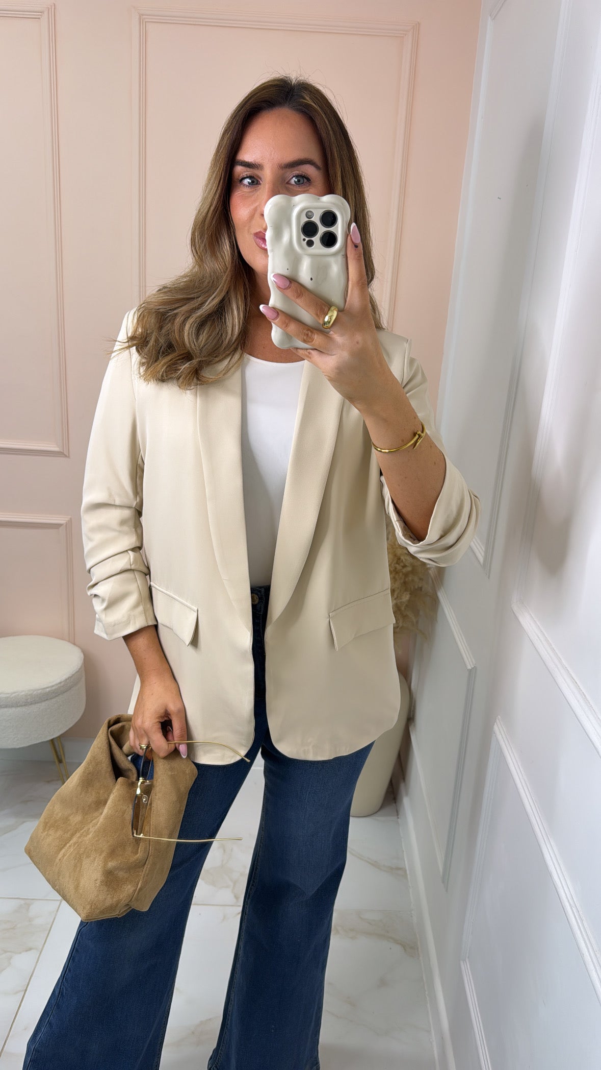 CAMILLA beige ruched sleeve blazer
