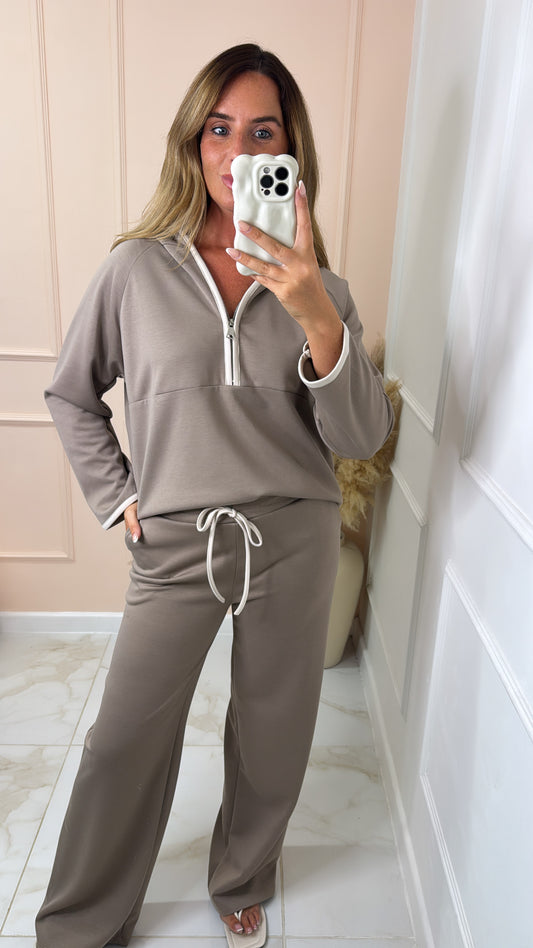 HOLLIE taupe hooded half zip contrast lounge set