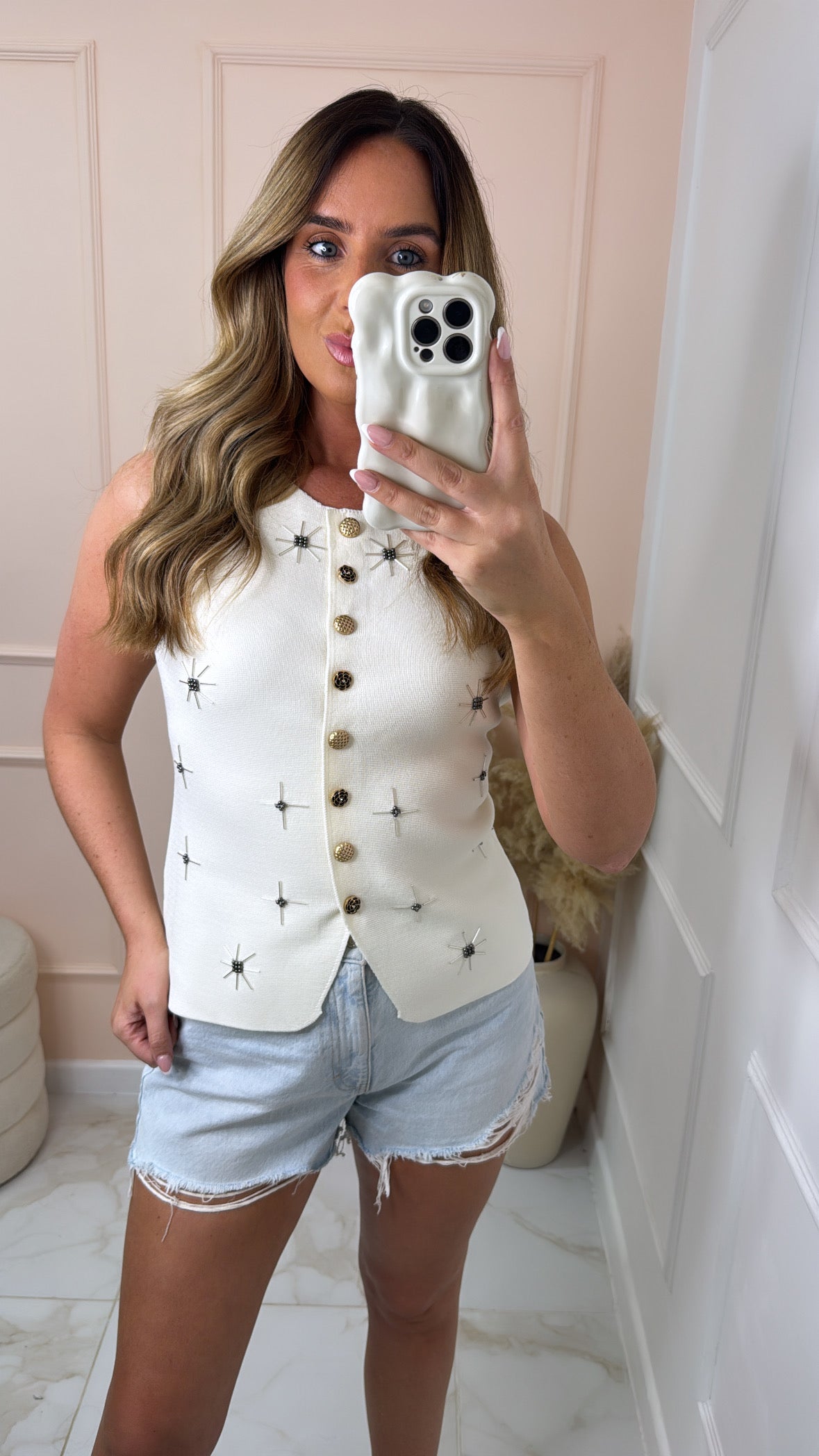 SYLVA beige star embellished fine knit vest
