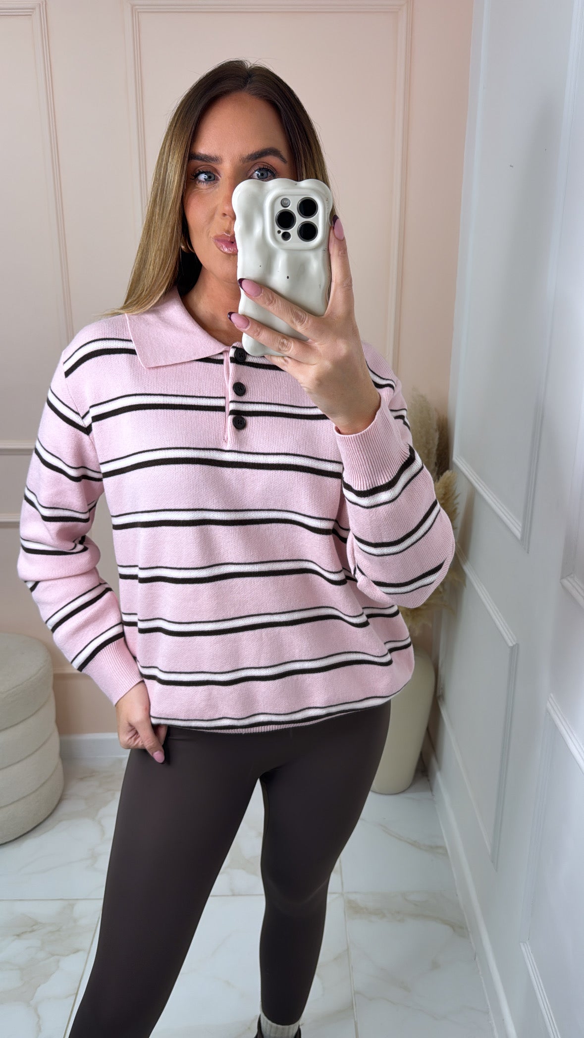BETH pink striped knit collared jumper