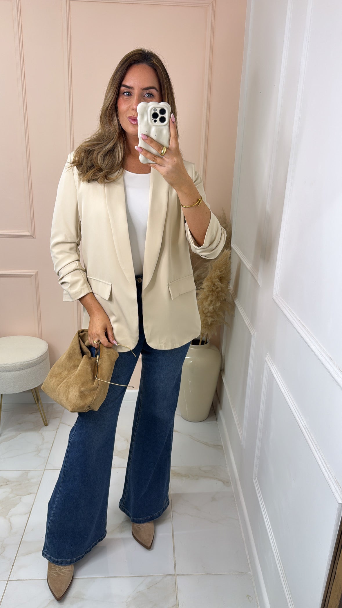 CAMILLA beige ruched sleeve blazer