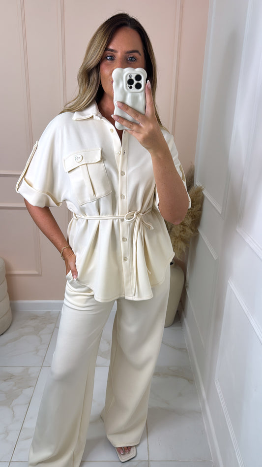 MEG cream button up tie waist trouser set