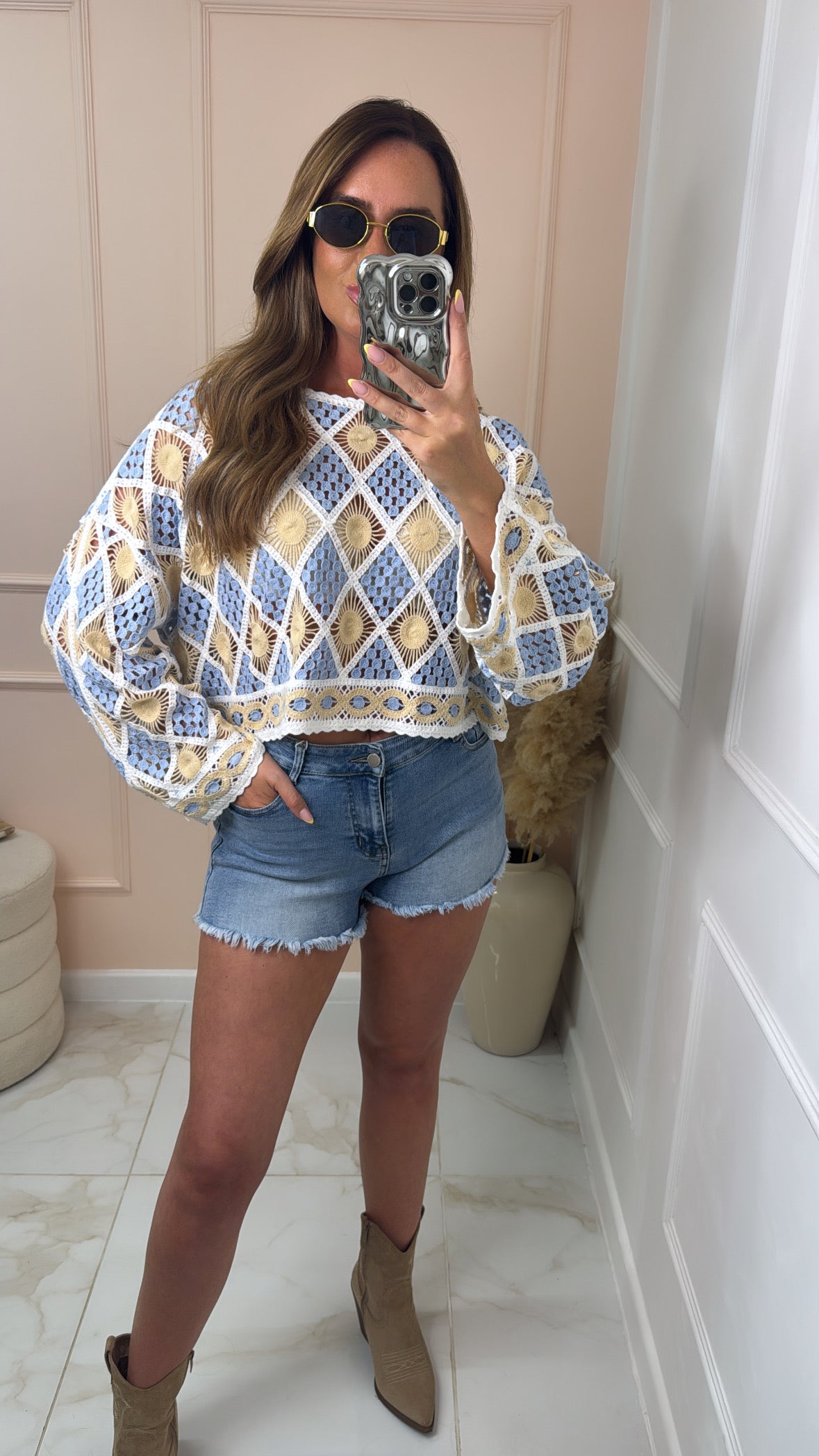FRAN blue patterned crochet top