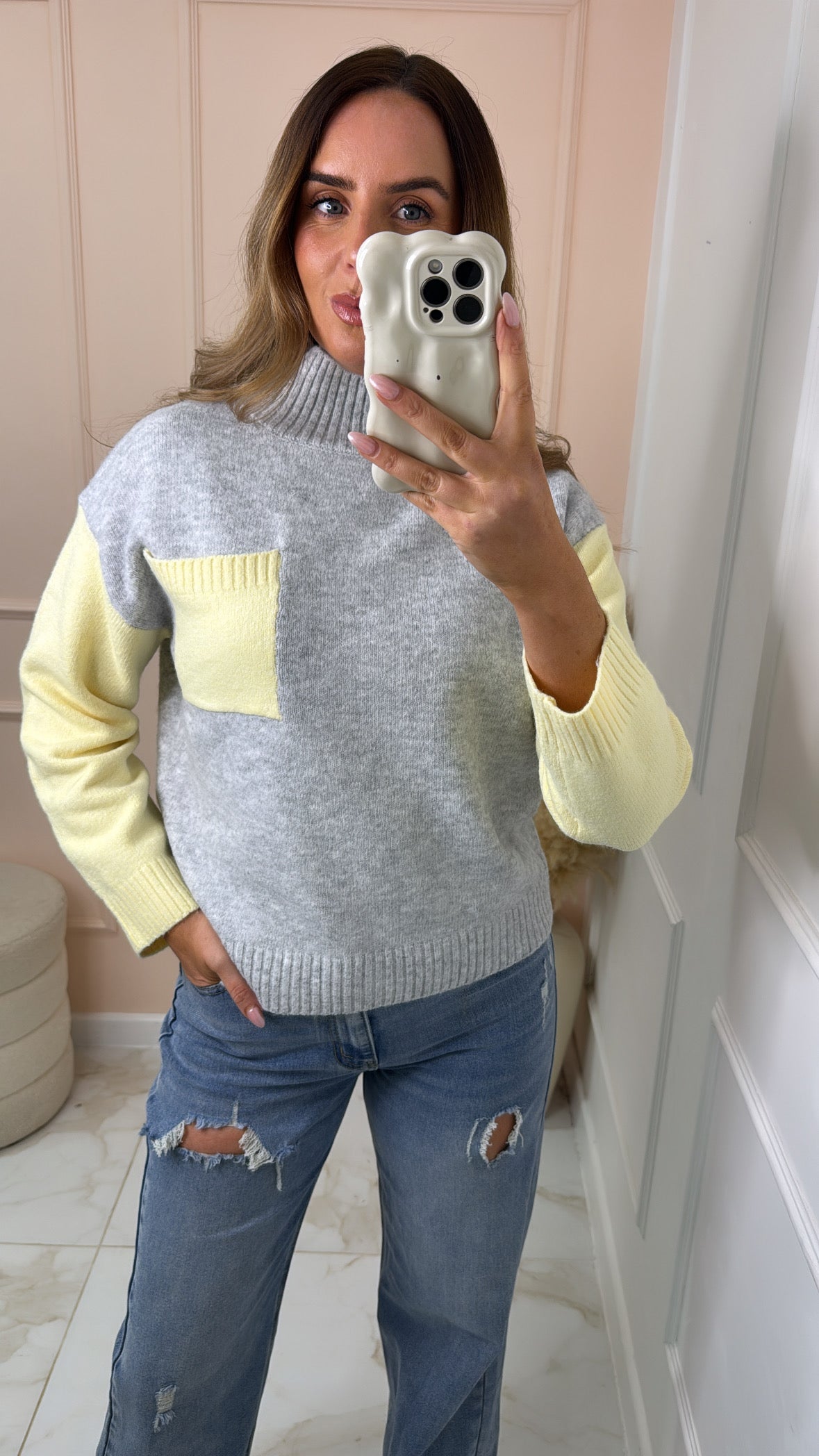 DAISY grey and lemon contrast knit jumper