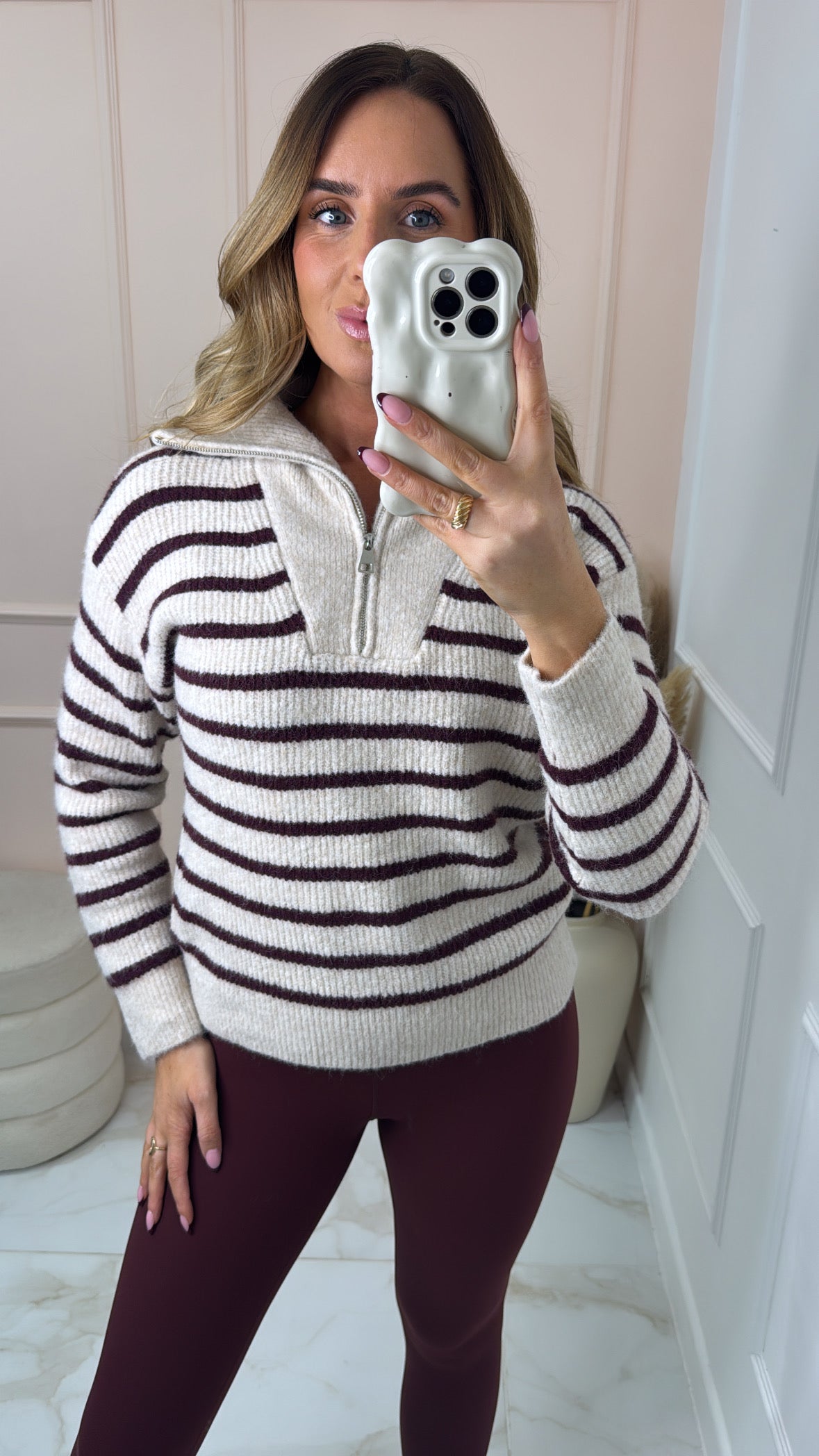 LULU burgundy stripe half zip knit sweater