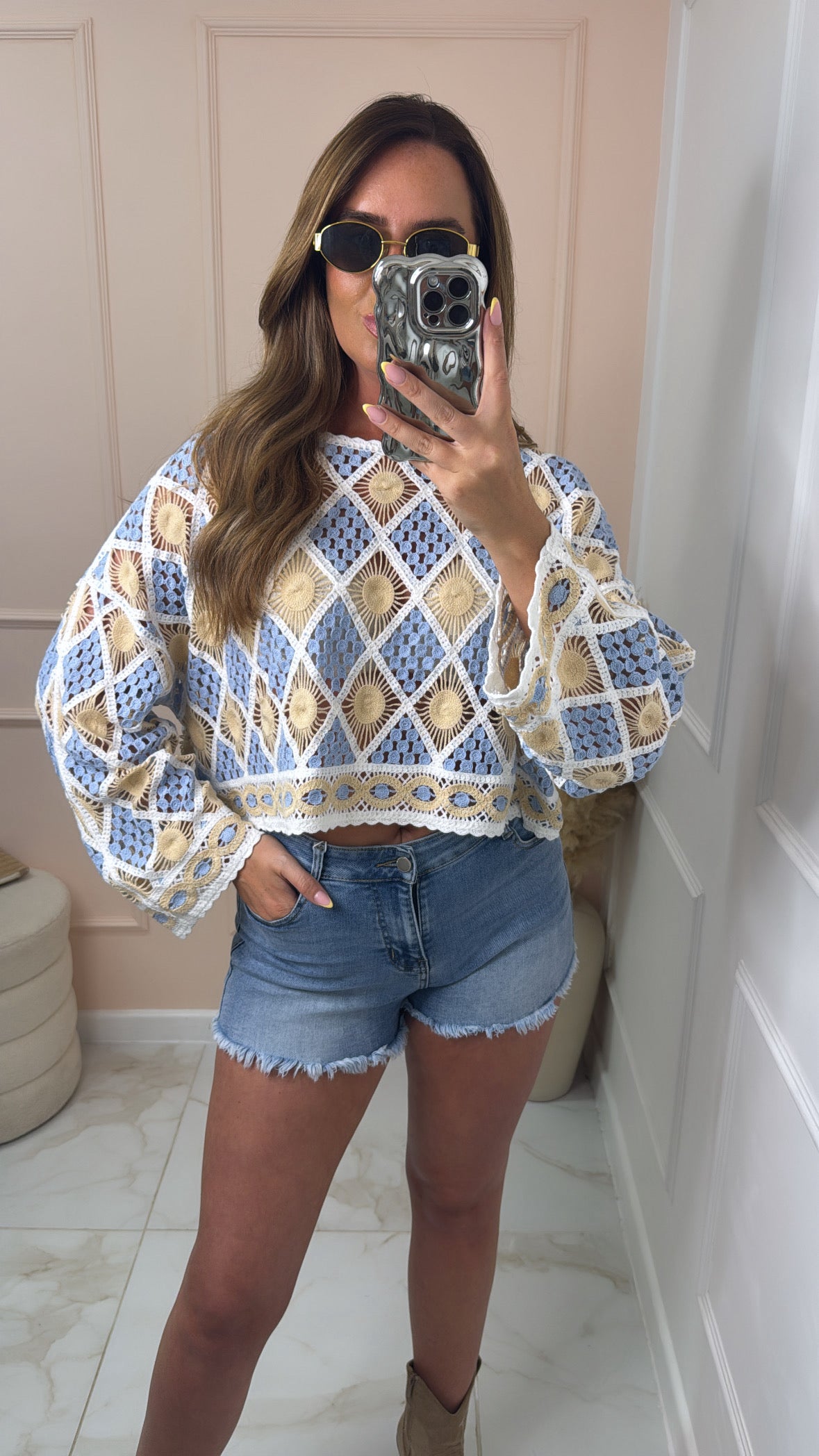 FRAN blue patterned crochet top