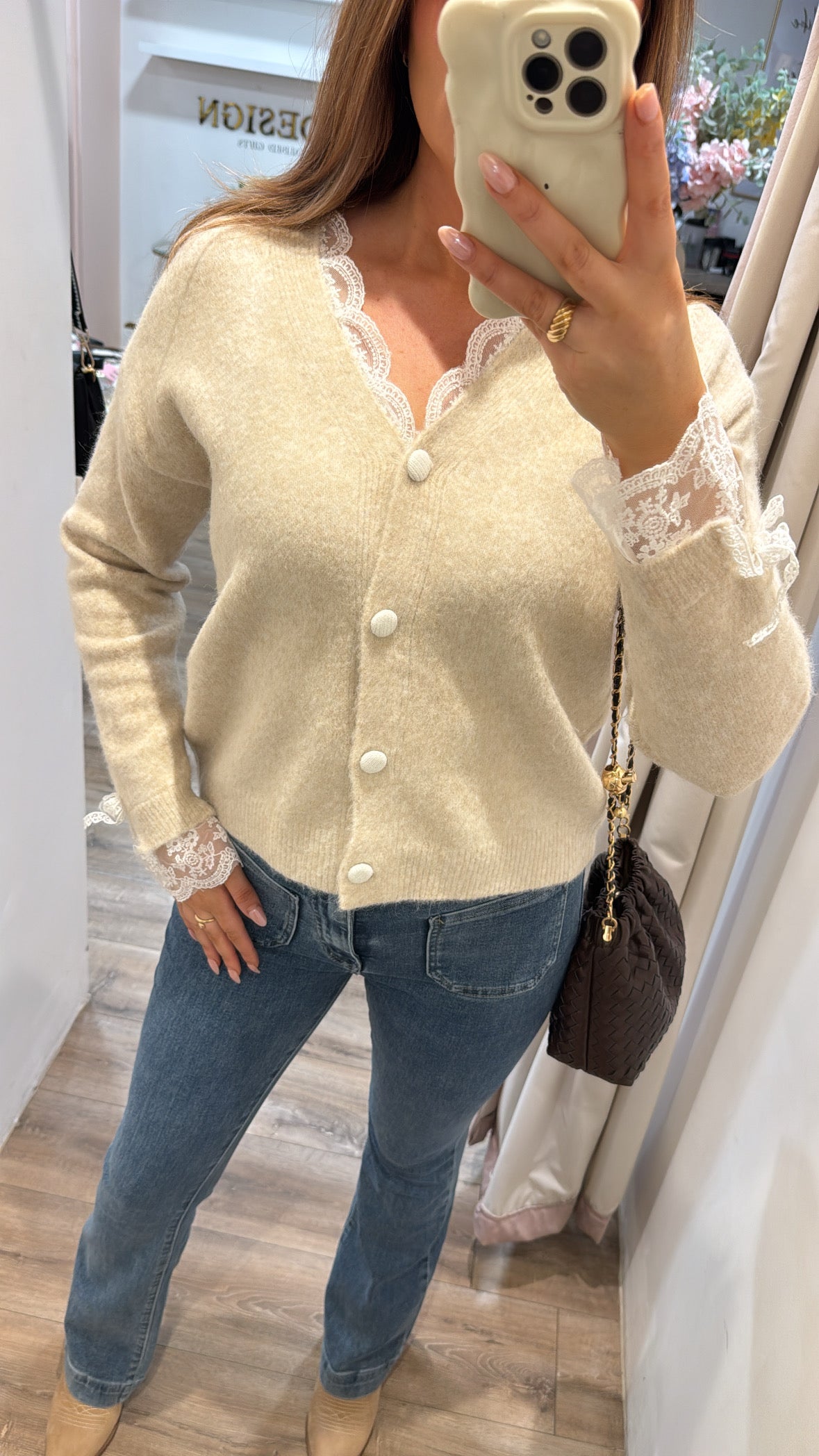 PENELOPE beige lace trim fluffy cardigan