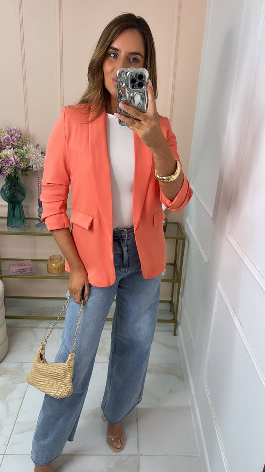 MAISIE coral ruched sleeve blazer