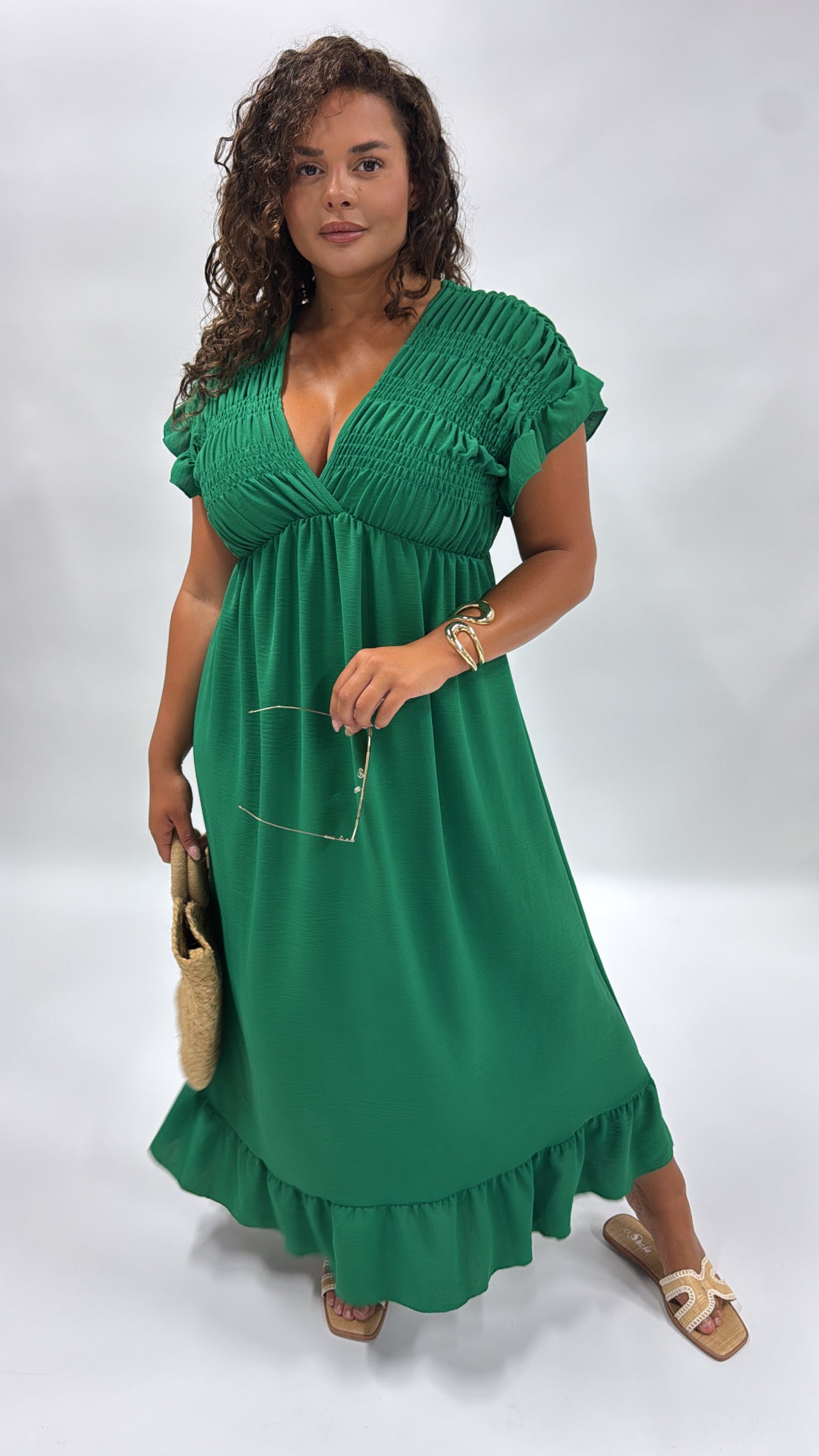 IMOGEN green frill sleeve maxi dress