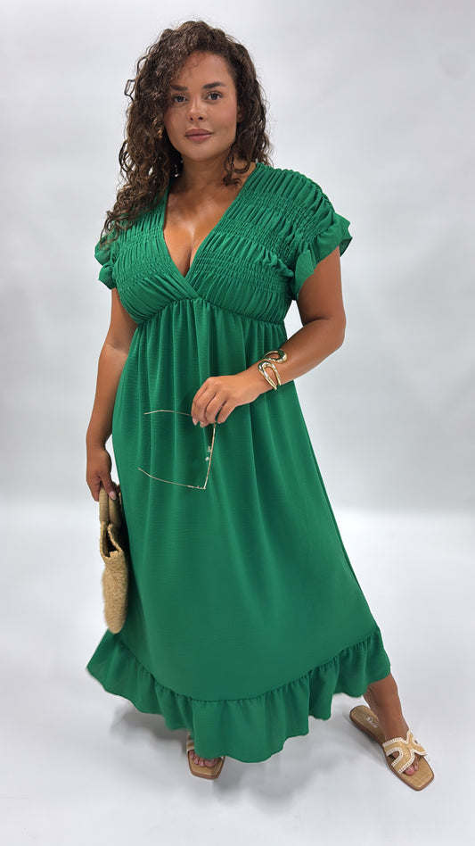 IMOGEN green frill sleeve maxi dress