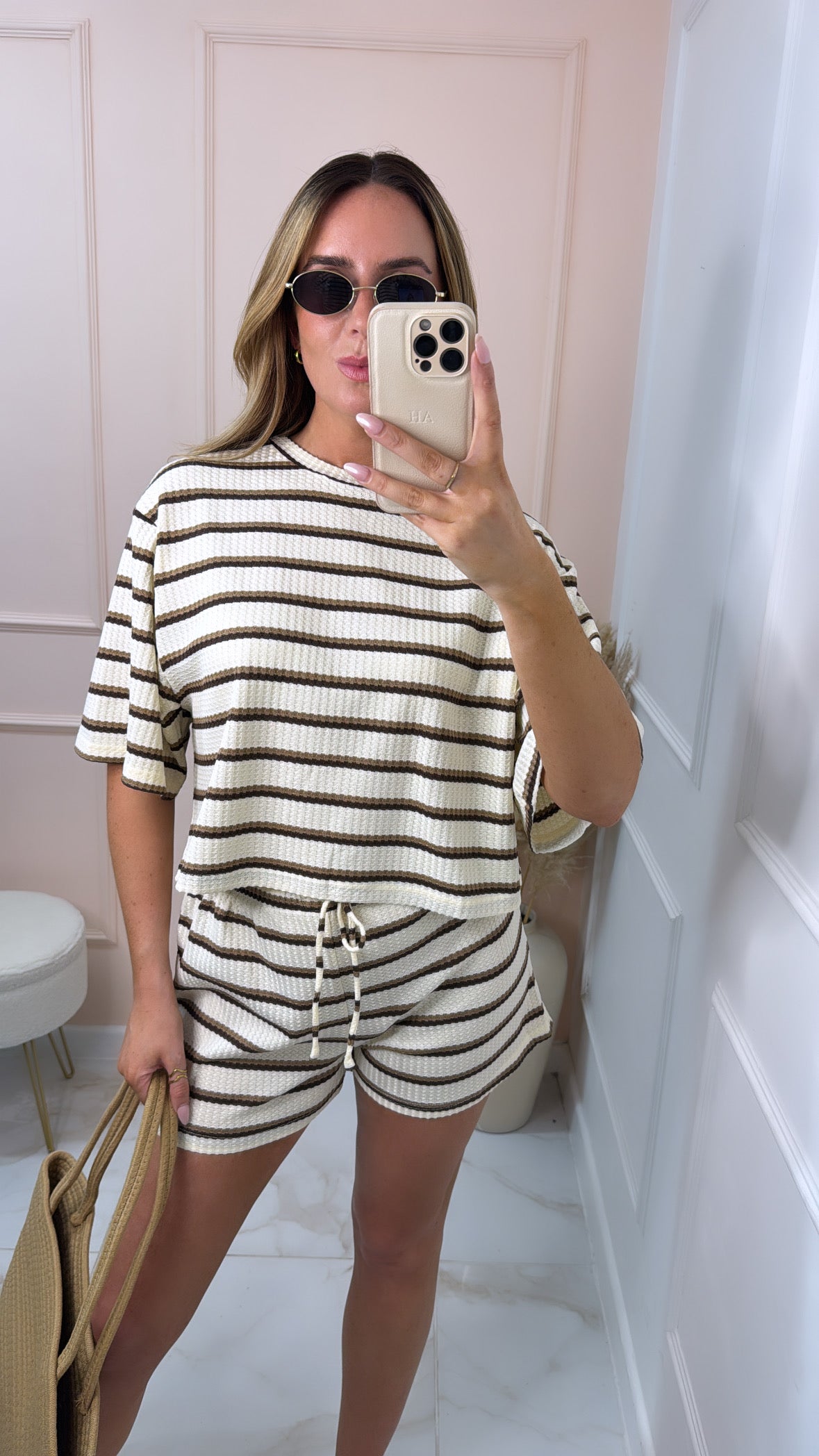 LULU cream & brown stripe short set