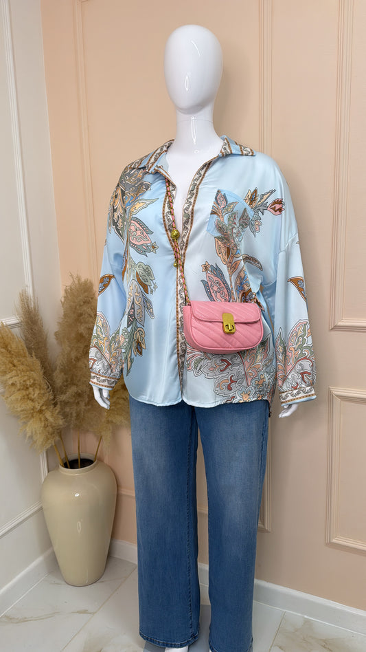 KIKI blue paisley embellished satin shirt