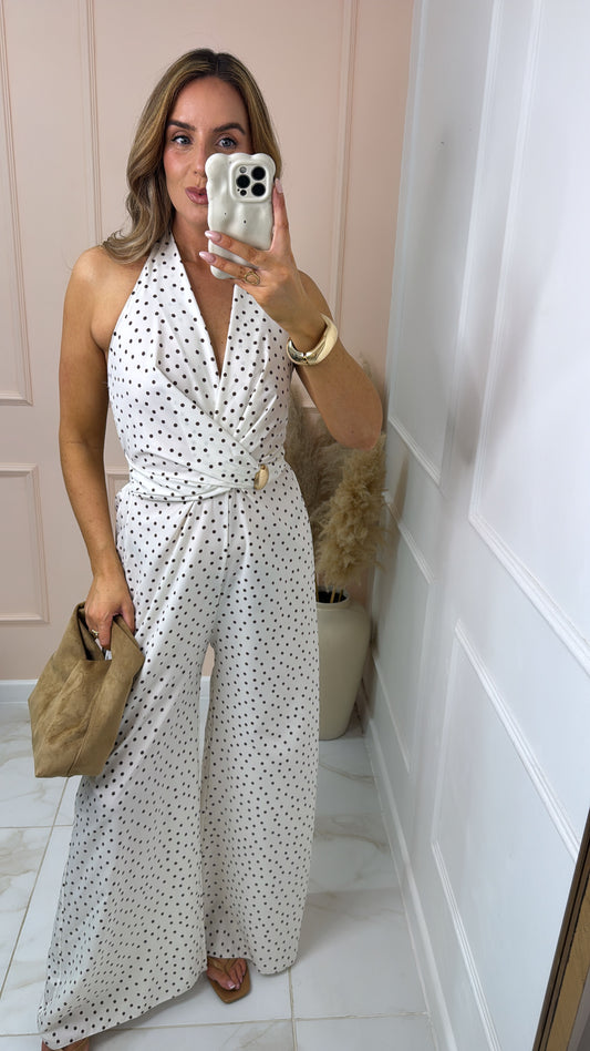 DARCY white polka dot halter neck jumpsuit