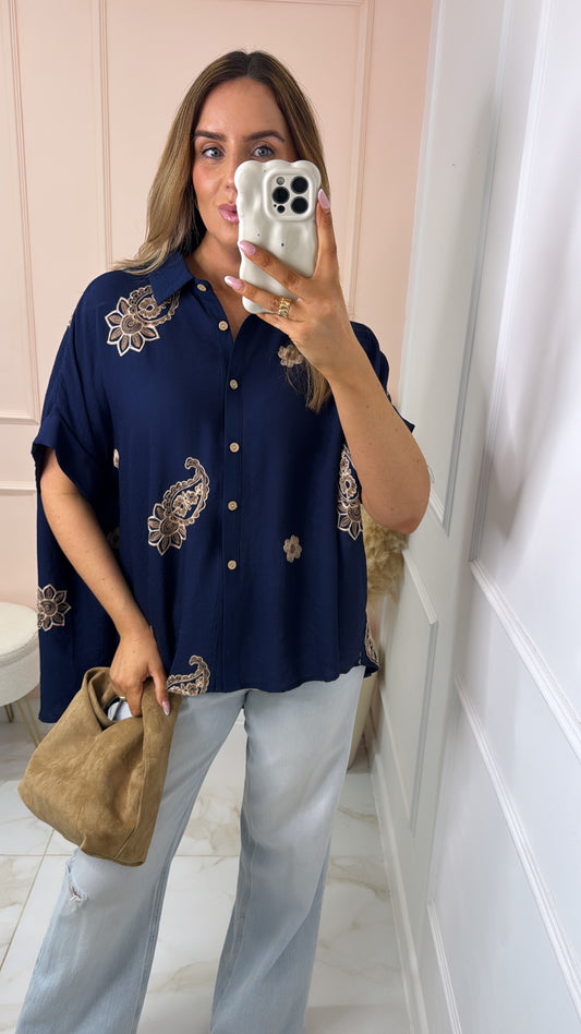 ISABELLA navy embroidered paisley blouse
