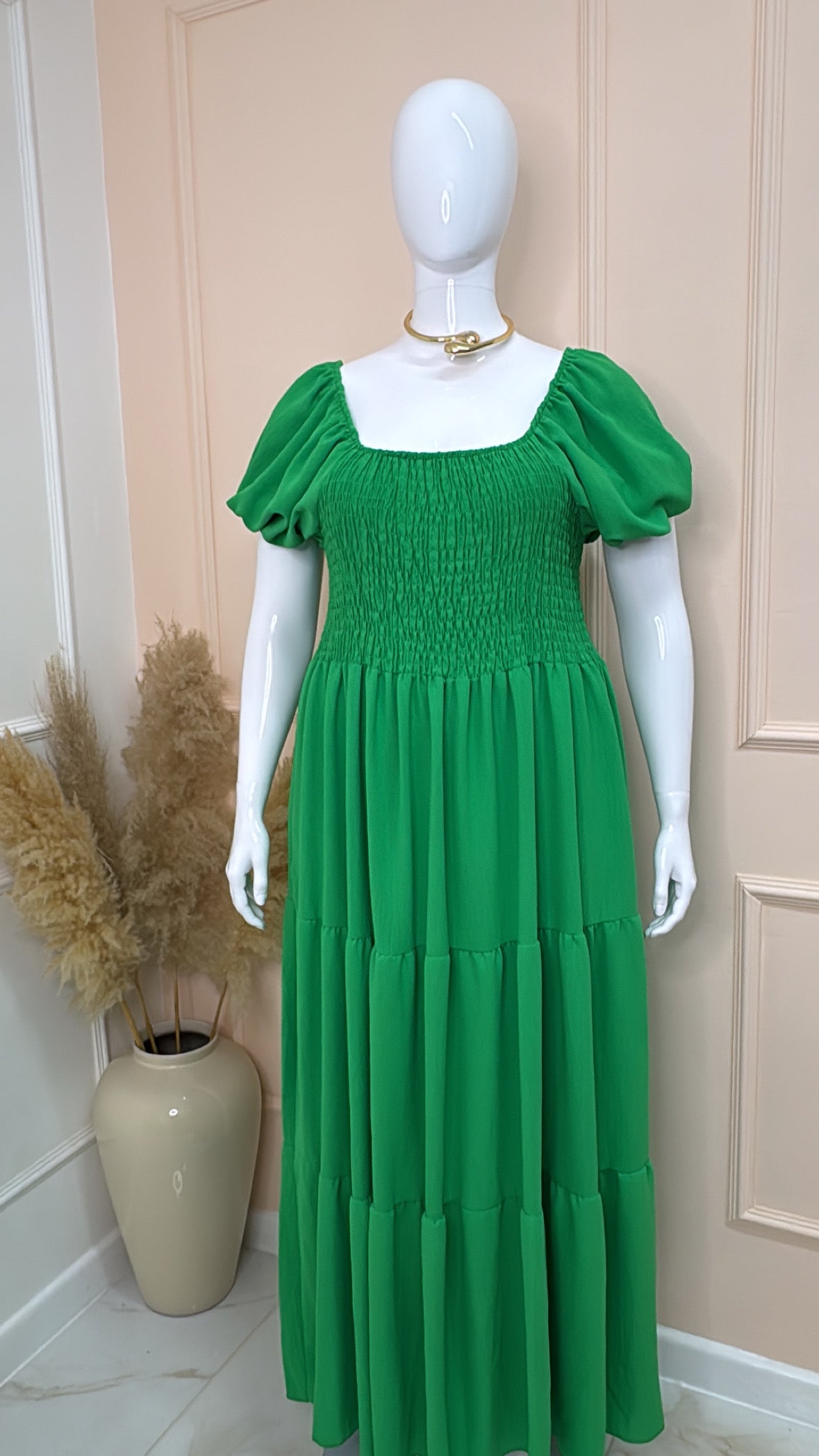 LACEY green tiered bardot maxi dress
